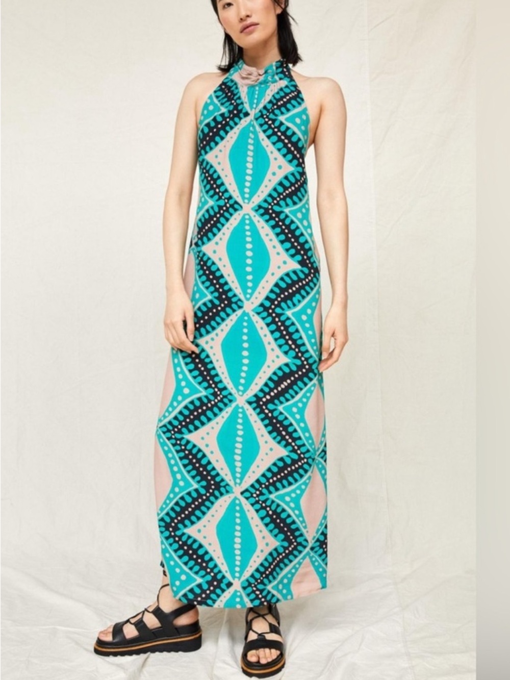 Halter Maxi Dress in Teal and Pink